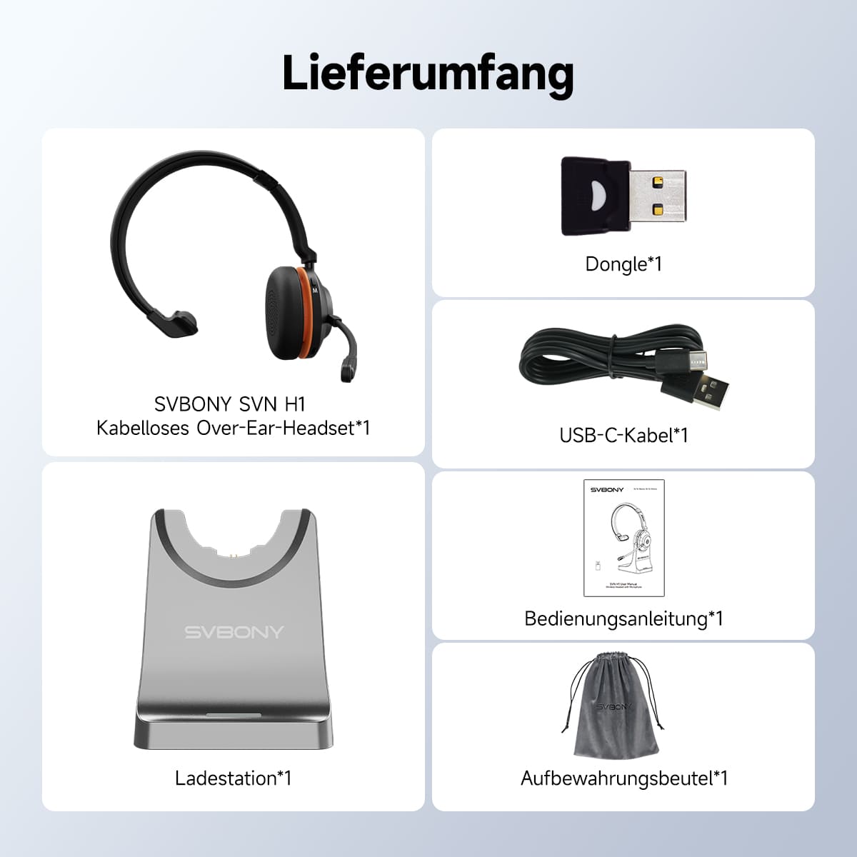 SVN H1 Kabellose Noise-Cancelling-Kopfhörer mit Mikrofon und USB-Dongle für Online-Meetings