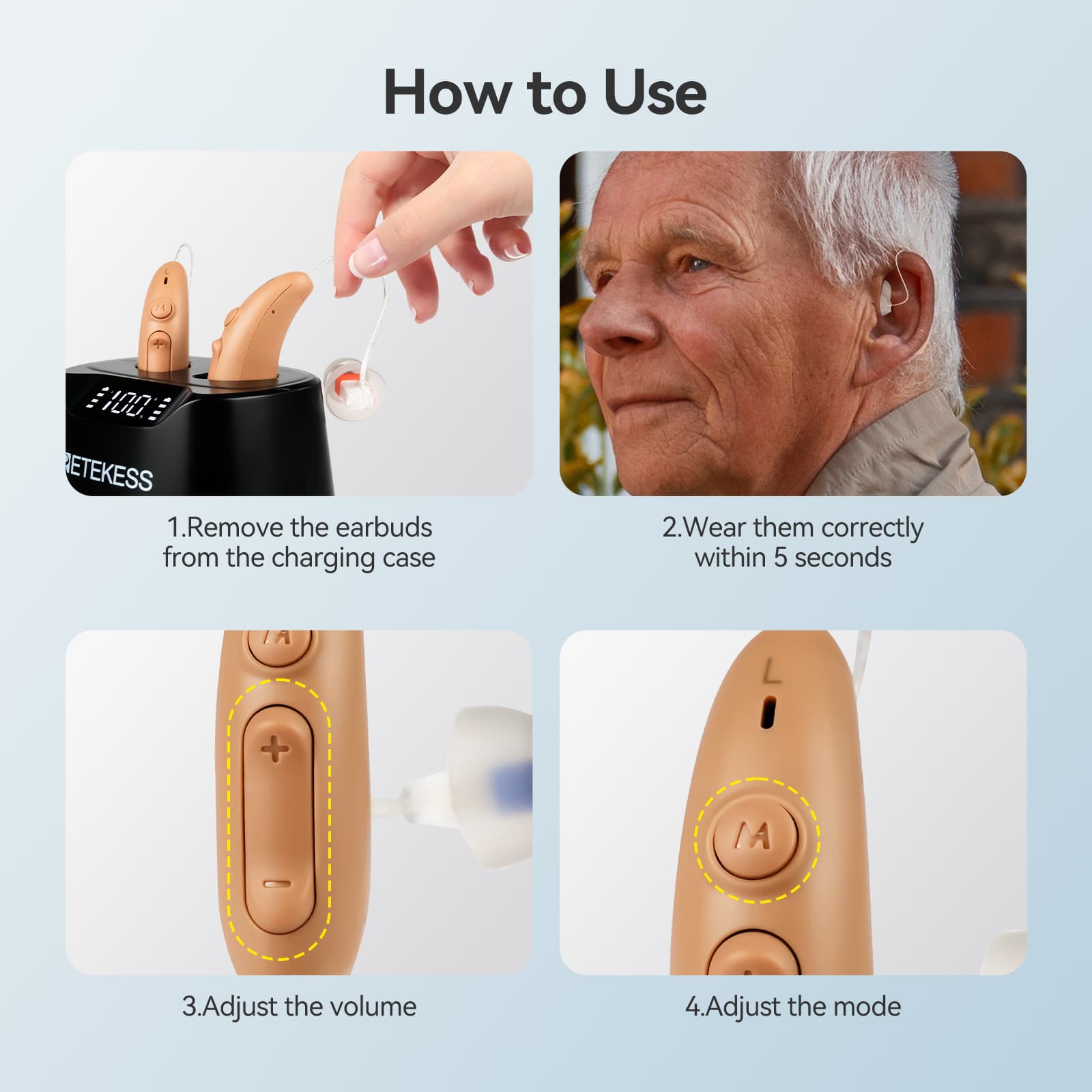 TE201 Noise Cancelling OTC Rechargeable RIC Hearing Aid for Moderate Hearing Loss