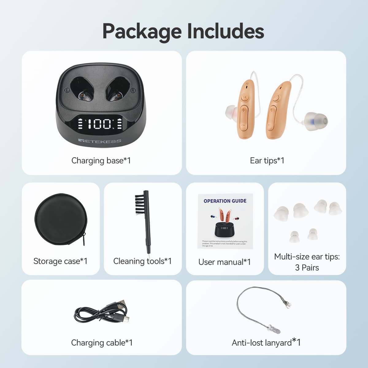 TE201 Noise Cancelling OTC Rechargeable RIC Hearing Aid for Moderate Hearing Loss