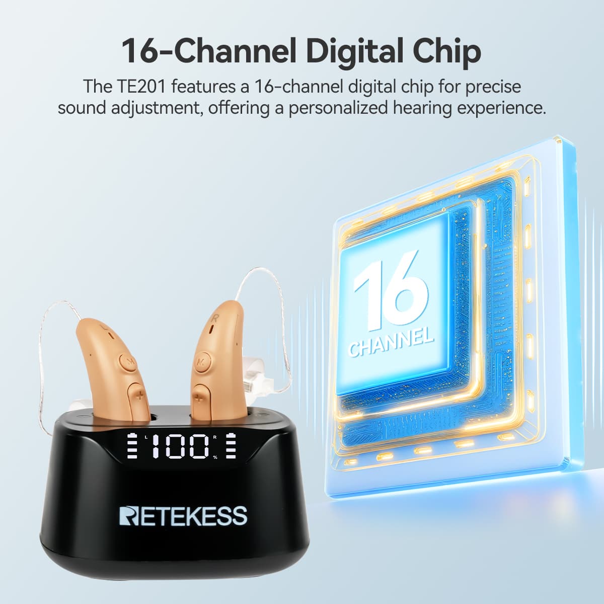 TE201 Noise Cancelling OTC Rechargeable RIC Hearing Aid for Moderate Hearing Loss