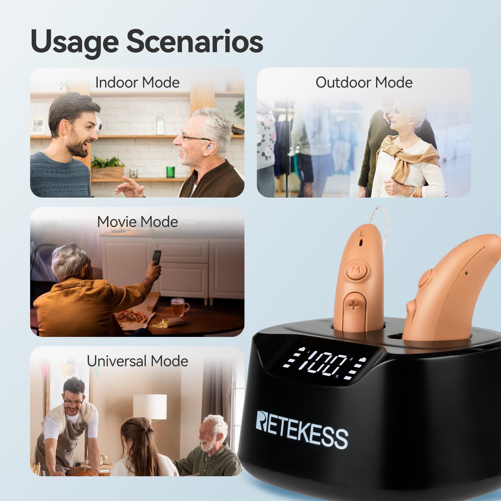 TE201 Noise Cancelling OTC Rechargeable RIC Hearing Aid for Moderate Hearing Loss