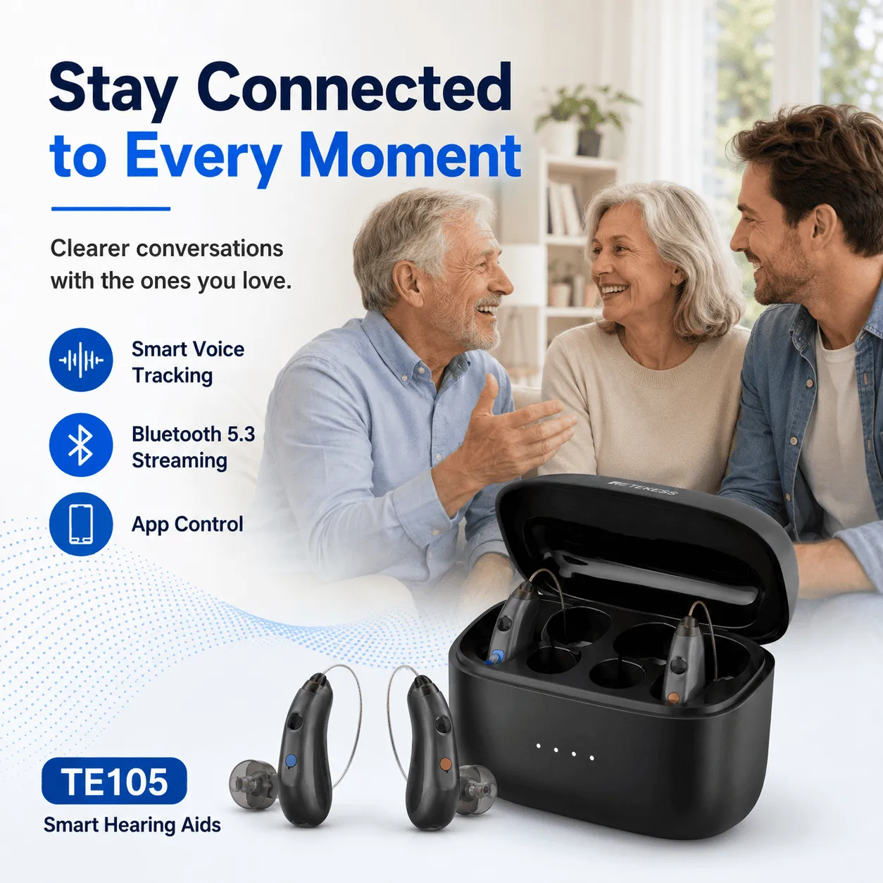 TE105 Smart RIC Hearing Aid with Bluetooth, Speech Tracking & IP68 Waterproof Protection