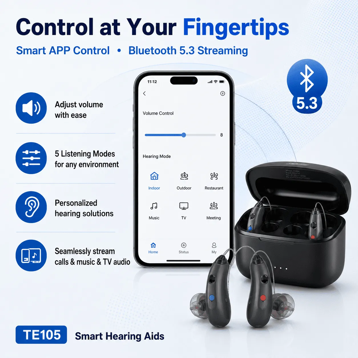 TE105 Smart RIC Hearing Aid with Bluetooth, Speech Tracking & IP68 Waterproof Protection