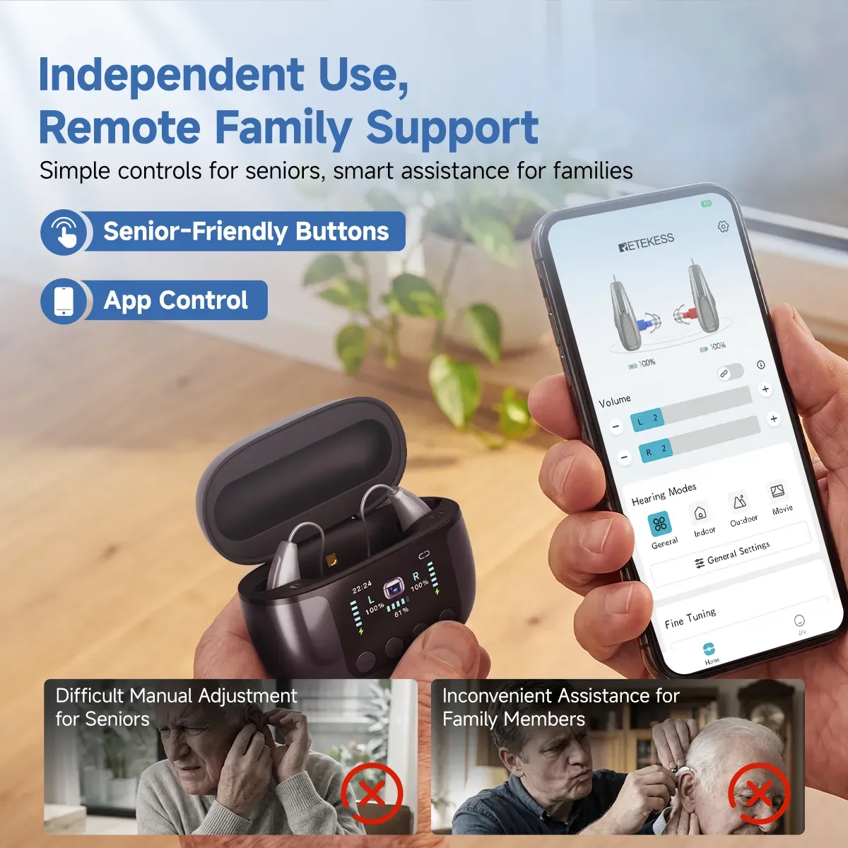 TE102 RIC OTC Bluetooth Hearing Aid with UV-C Disinfecting Rechargeable Case and TV Connector