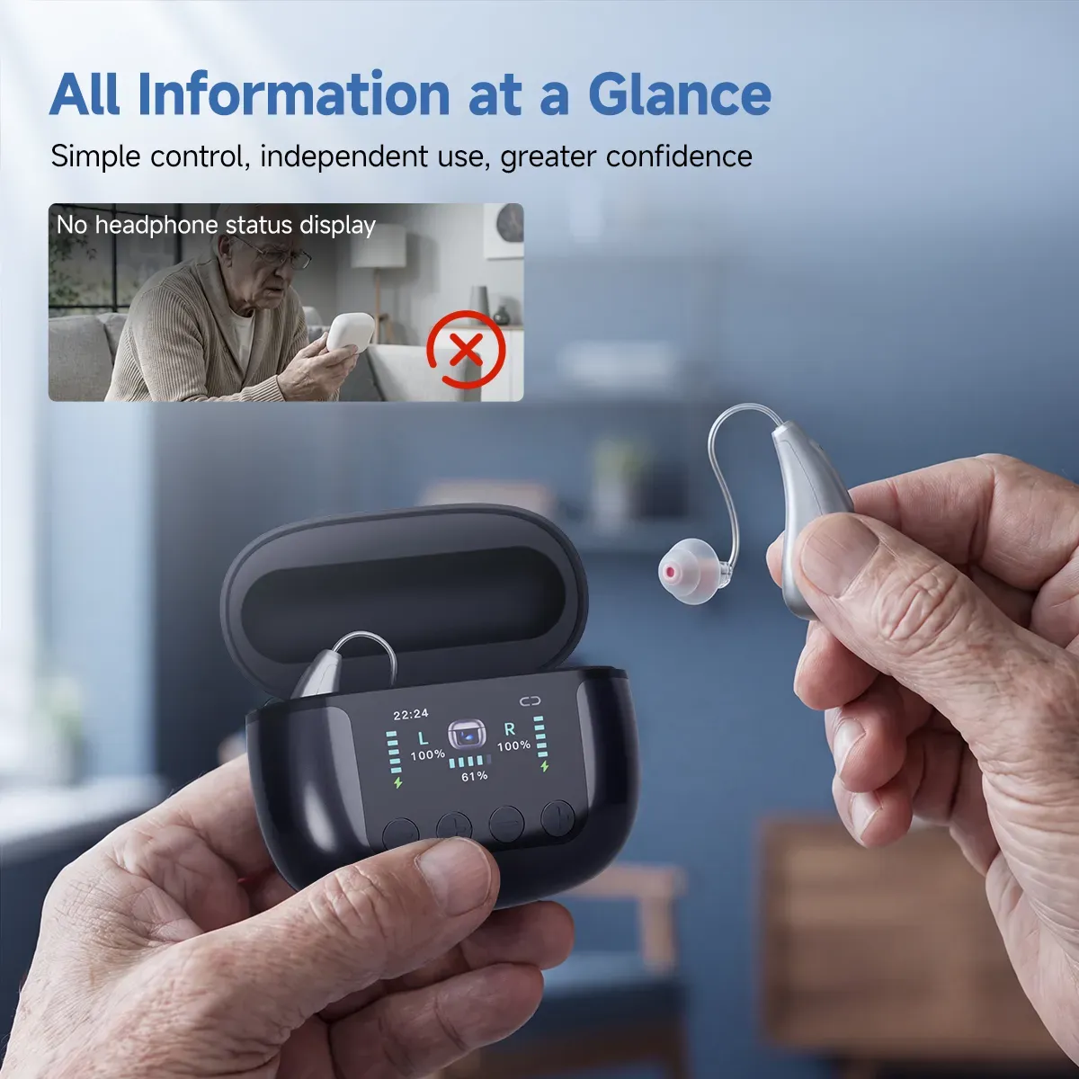 TE102 RIC OTC Bluetooth Hearing Aid with UV-C Disinfecting Rechargeable Case and TV Connector