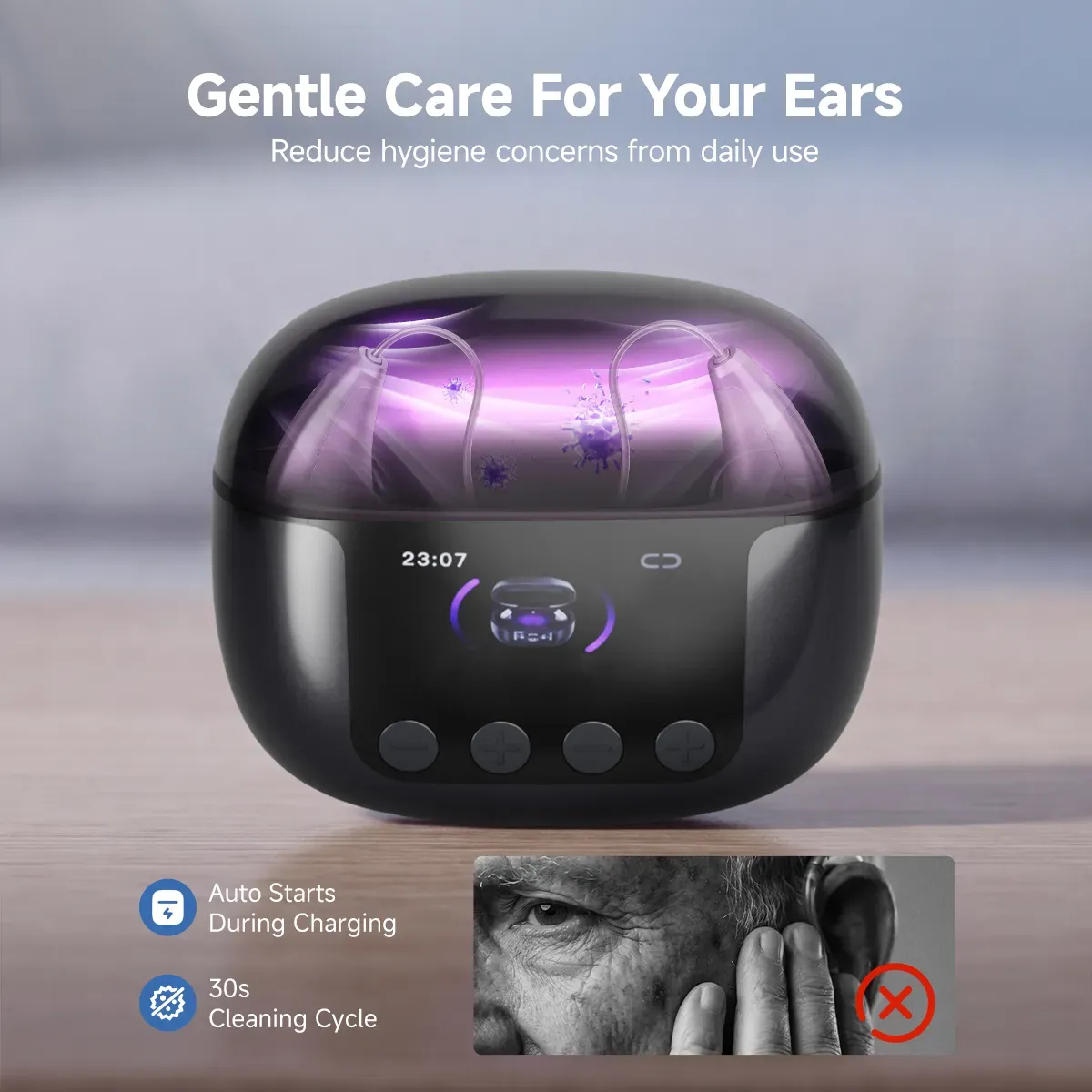 TE102 RIC OTC Bluetooth Hearing Aid with UV-C Disinfecting Rechargeable Case and TV Connector