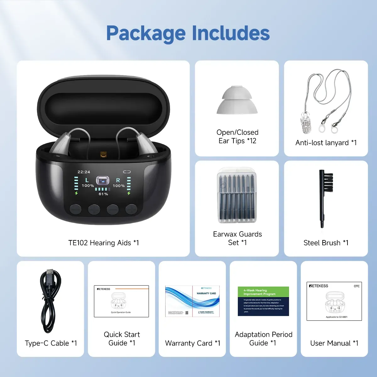 TE102 RIC OTC Bluetooth Hearing Aid with UV-C Disinfecting Rechargeable Case and TV Connector