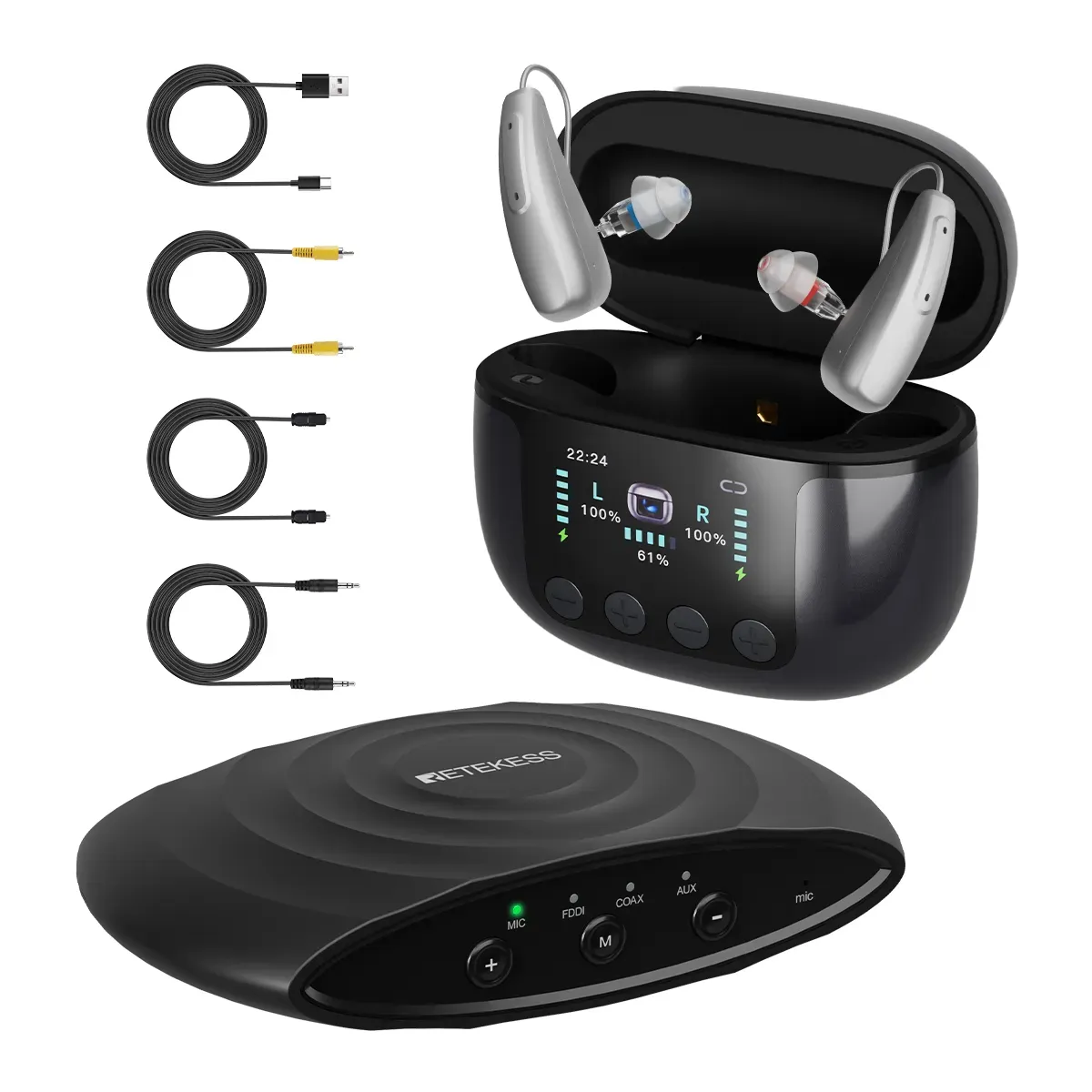 TE102 RIC OTC Bluetooth Hearing Aid with UV-C Disinfecting Rechargeable Case and TV Connector