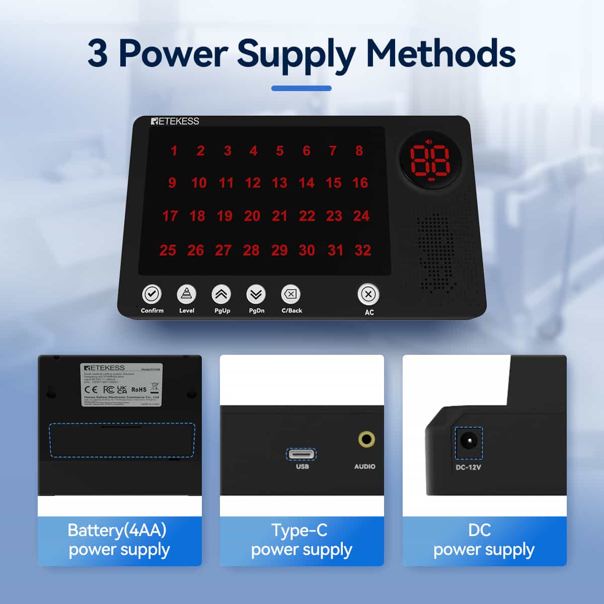 Retekess Hospital Paging System TH107 Host Receiver With IP67 Waterproof Two-Key Call Button TH008 for Hospital, Clinic, Nursing Home
