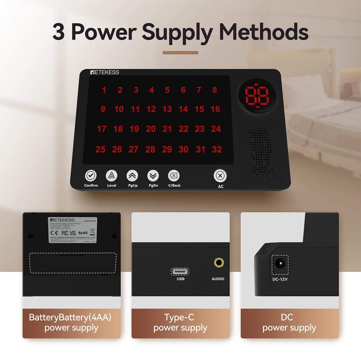 Retekess Long Range 300m/984ft Nurse Call System TH108 Host Receiver With TH010 Call Button for Hospital, Nurse Station, Nursing Home, Clinic