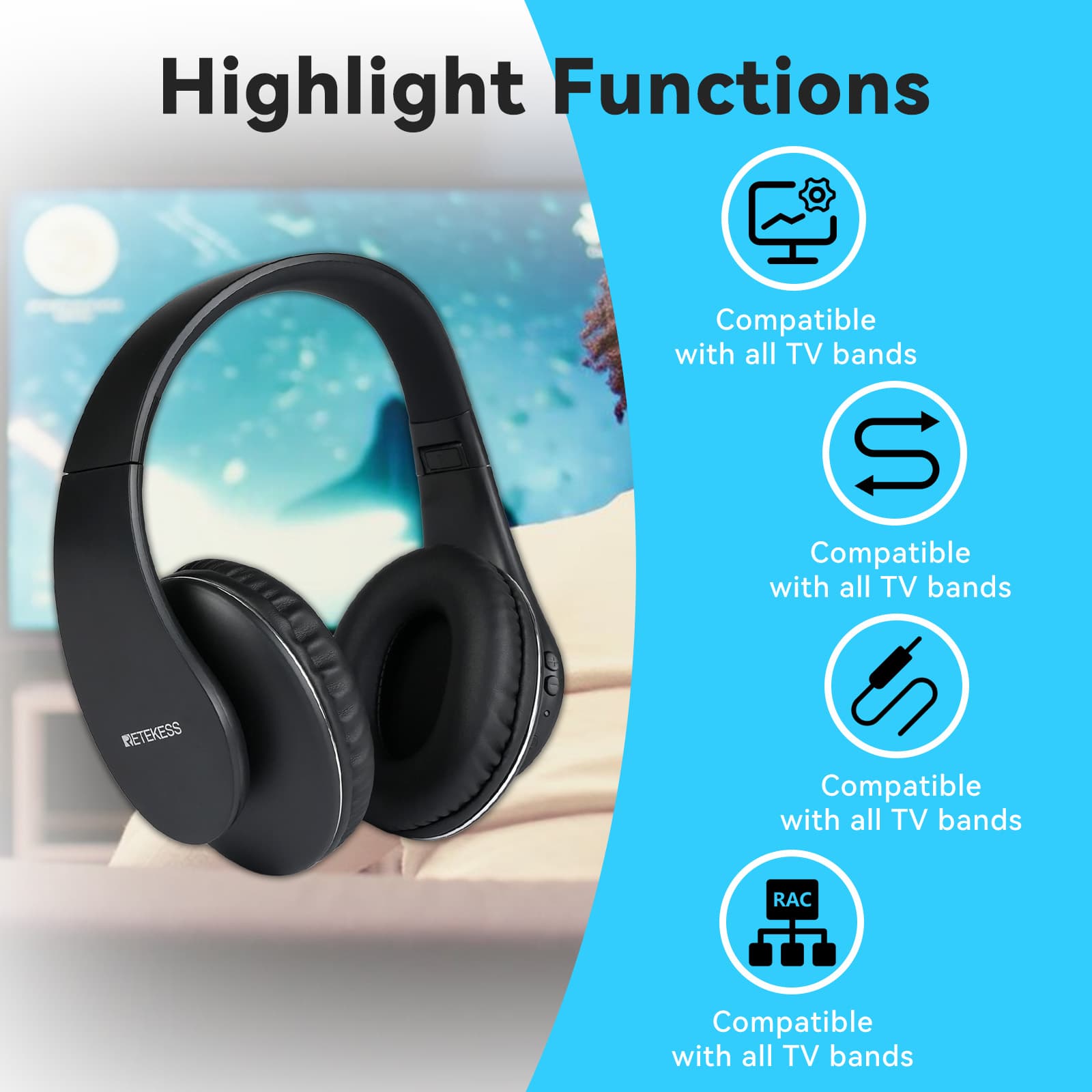 Retekess TA005P Long Range Rechargable Stereo Wireless TV Headphones