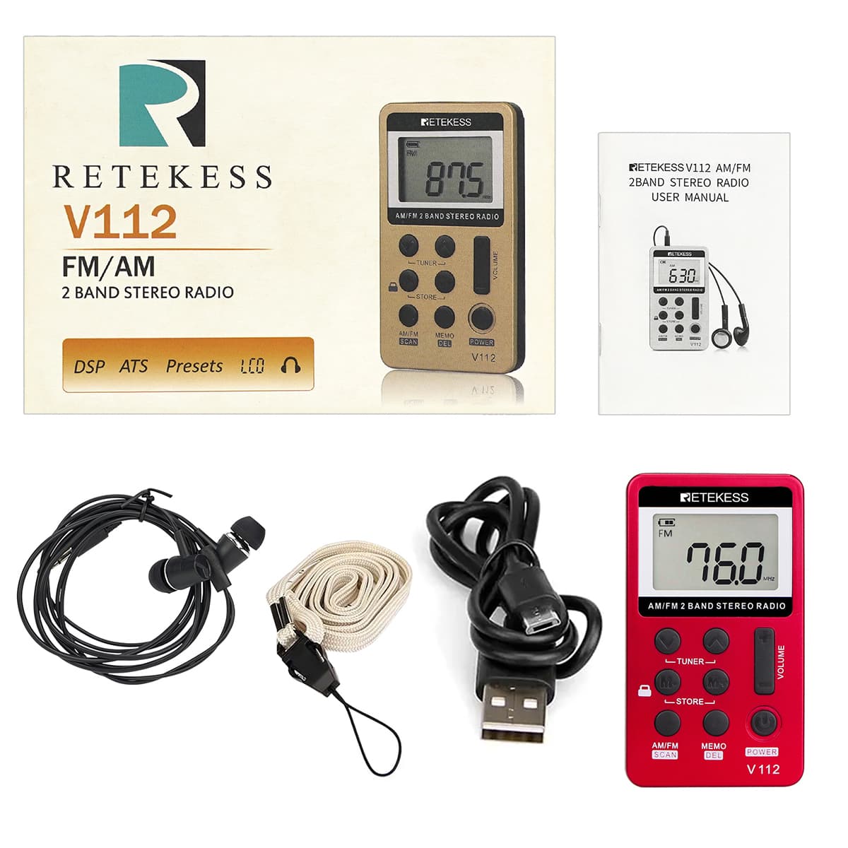 Retekess V112 Pocket AM FM Radio with Earphone (Red)