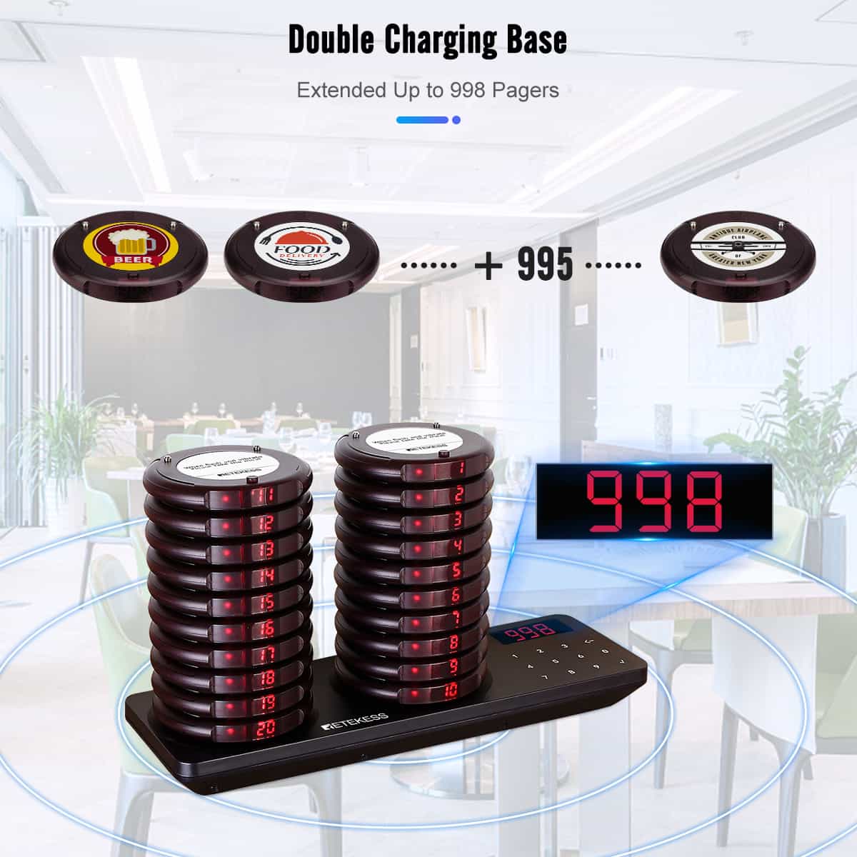 Retekess TD163 Wireless Restaurant Paging System with 20 Coaster Buzzers