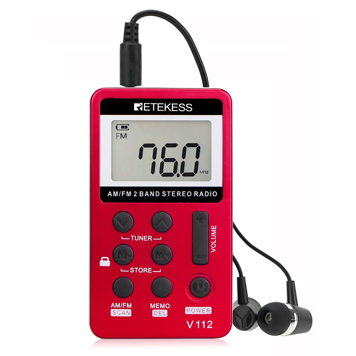 Retekess V112 Pocket AM FM Radio with Earphone (Red)