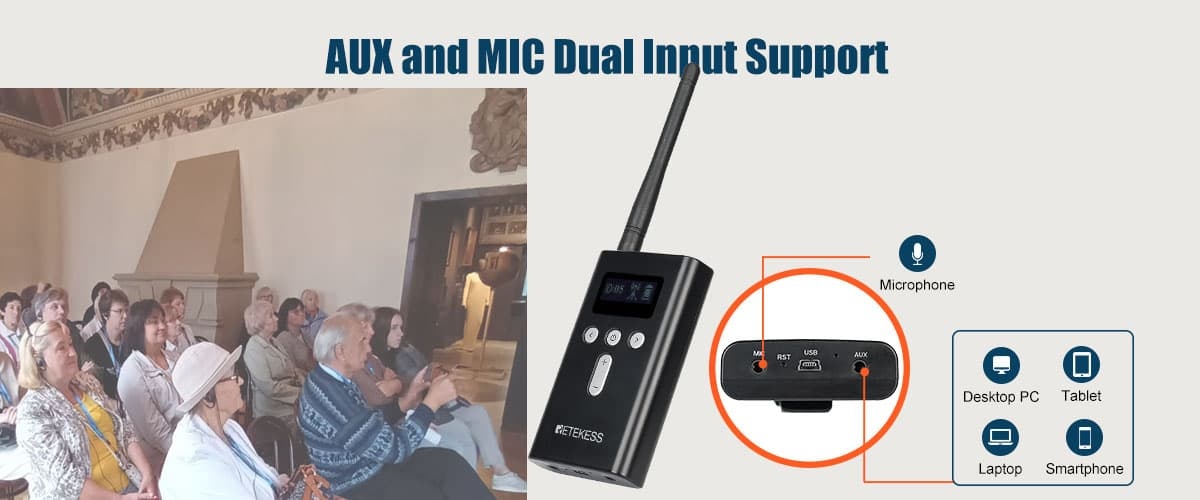 T130S one-way tour guide system AUX and MIC input