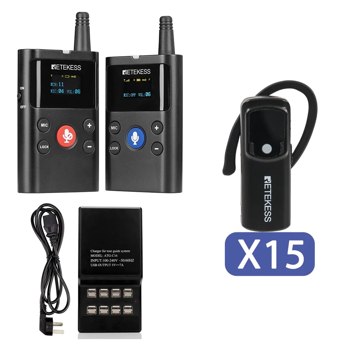 Retekess TT126 Wireless Two-Way Tour Guide System with TT126E Earhook Receiver with 16-Position Charging Slot Suitable for Tourism, School Study Tours, Factory Visits, Training, Conferences, etc