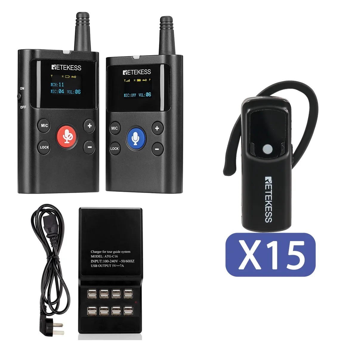 Retekess TT126 Wireless Two-Way Tour Guide System with TT126E Earhook Receiver with 16-Position Charging Slot Suitable for Tourism, School Study Tours, Factory Visits, Training, Conferences, etc