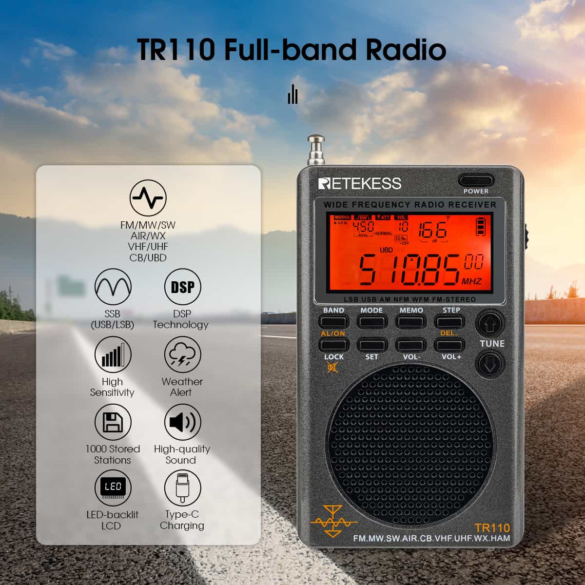 Retekess TR110 FM/MW/SW/LSB/AIR/CB/VHF/UHF Portable Full Band Digital Radio with Alerts NOAA