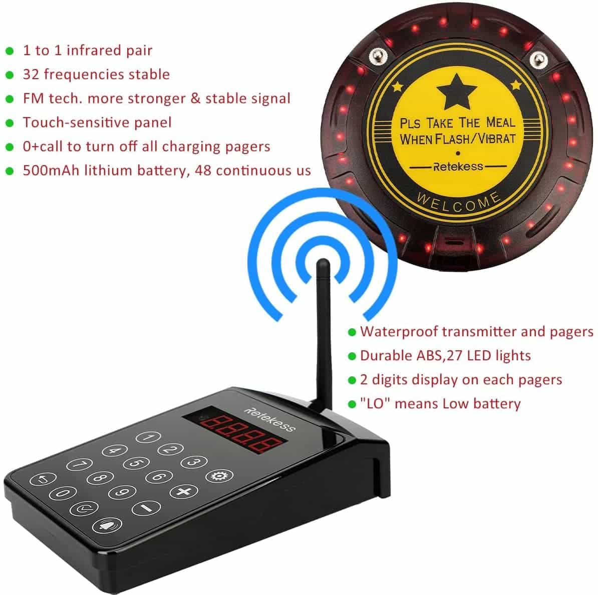 Retekess TD103 Long Range Coaster Pager System 1000m Out of Range Alarm for Restaurant, Hospital, Warehouse