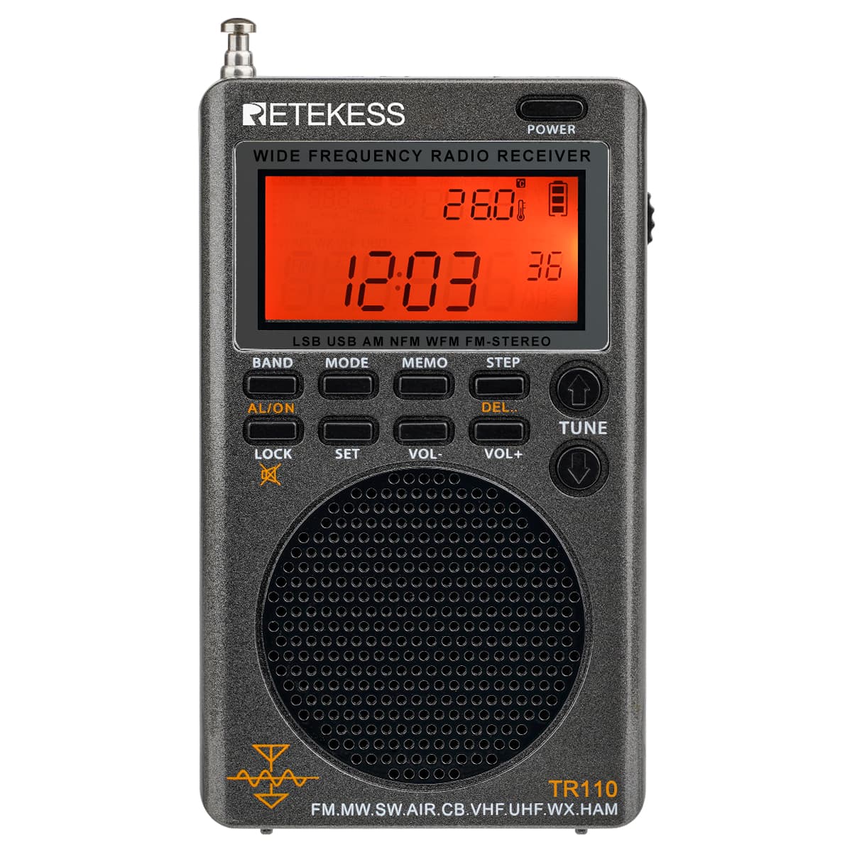 Retekess TR110 FM/MW/SW/LSB/AIR/CB/VHF/UHF Portable Full Band Digital Radio with Alerts NOAA