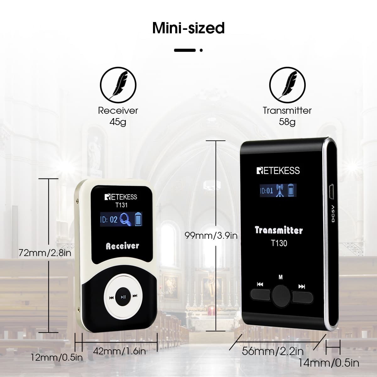 Retekess T130 tour guide system size display