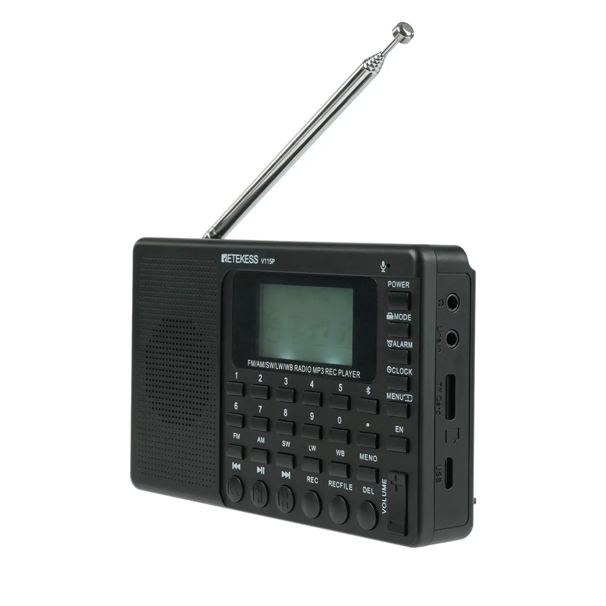 Retekess V115P Portable Multi-band Radio AM/FM/SW/WB, 1800mAh Battery, Wireless Connection, TF/AUX & Recording, Emergency Flashlight, Sleep Timer & Alarm Clock, Ideal for Camping & Emergencies