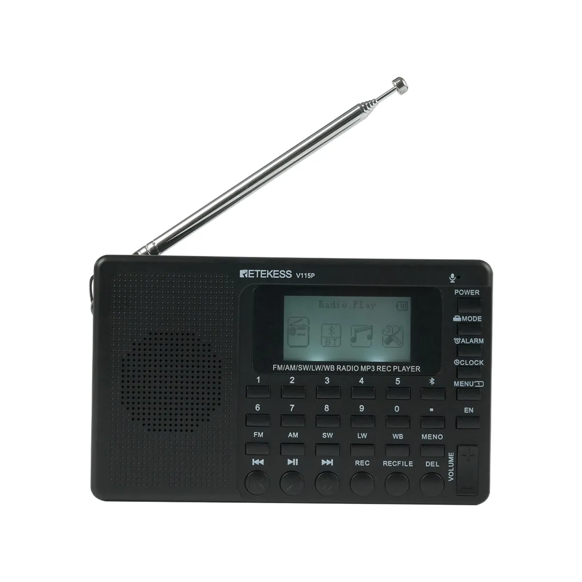 Retekess V115P Portable Multi-band Radio AM/FM/SW/WB, 1800mAh Battery, Wireless Connection, TF/AUX & Recording, Emergency Flashlight, Sleep Timer & Alarm Clock, Ideal for Camping & Emergencies