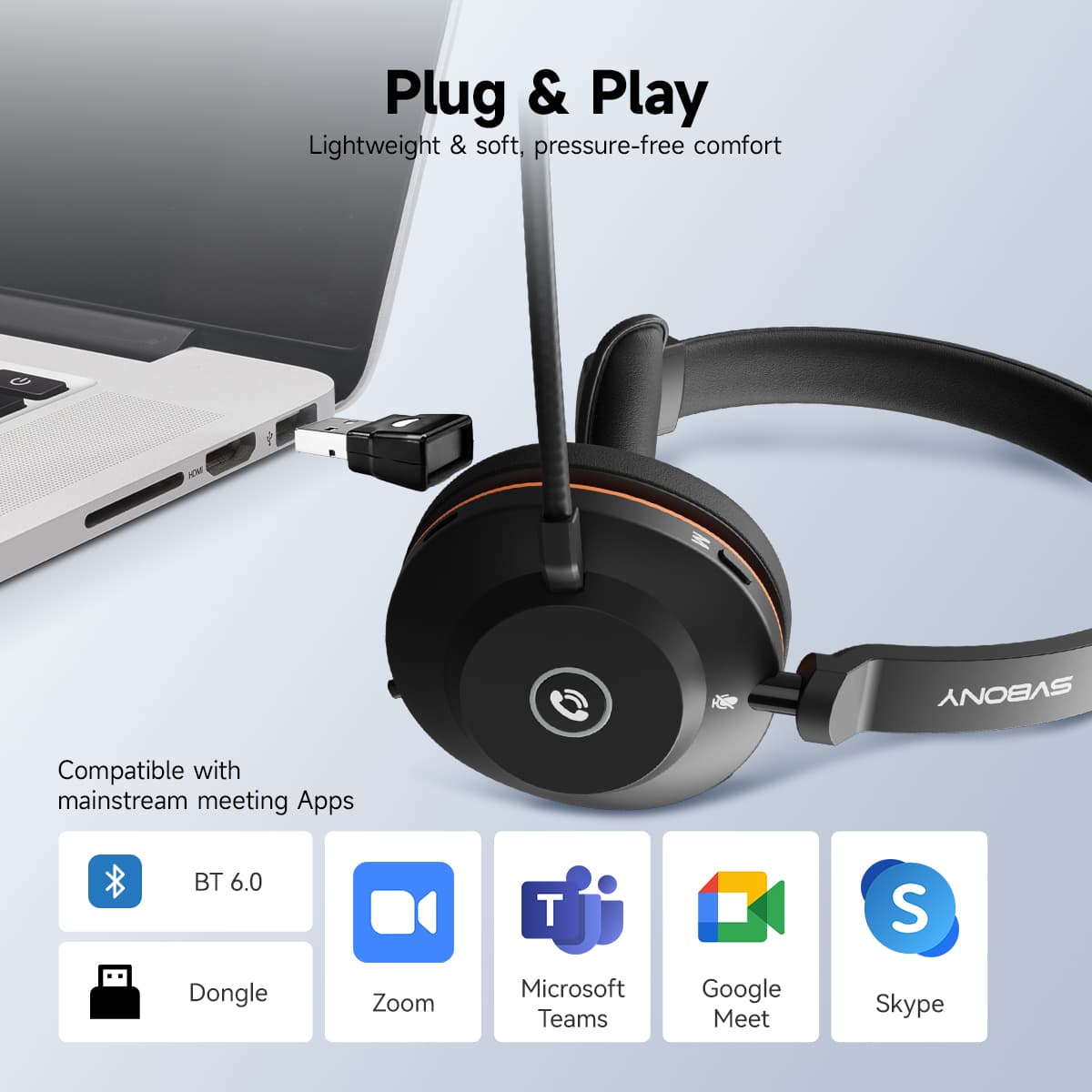 SVN H1 Wireless Noise-Canceling Headphones with Microphone and USB Dongle for Online Meetings