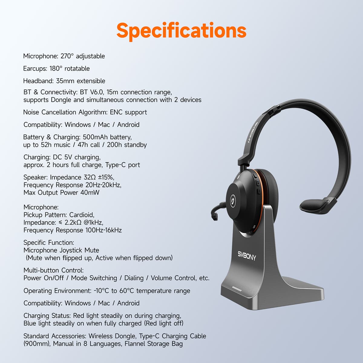 SVN H1 Wireless Noise-Canceling Headphones with Microphone and USB Dongle for Online Meetings