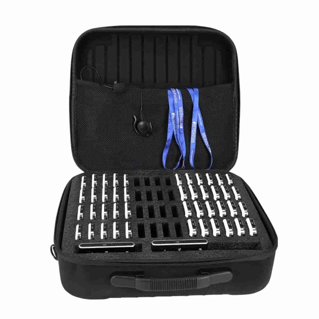 Retekess 60-port carrying case holding multiple T130P receivers and transmitters