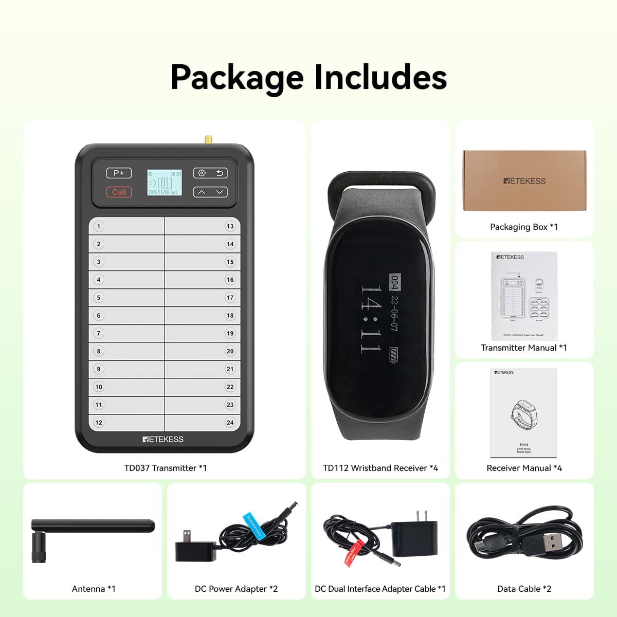 Restaurant Server Pager System TD037 Writing Board Transmitter and TD112 Black Wristband Receiver