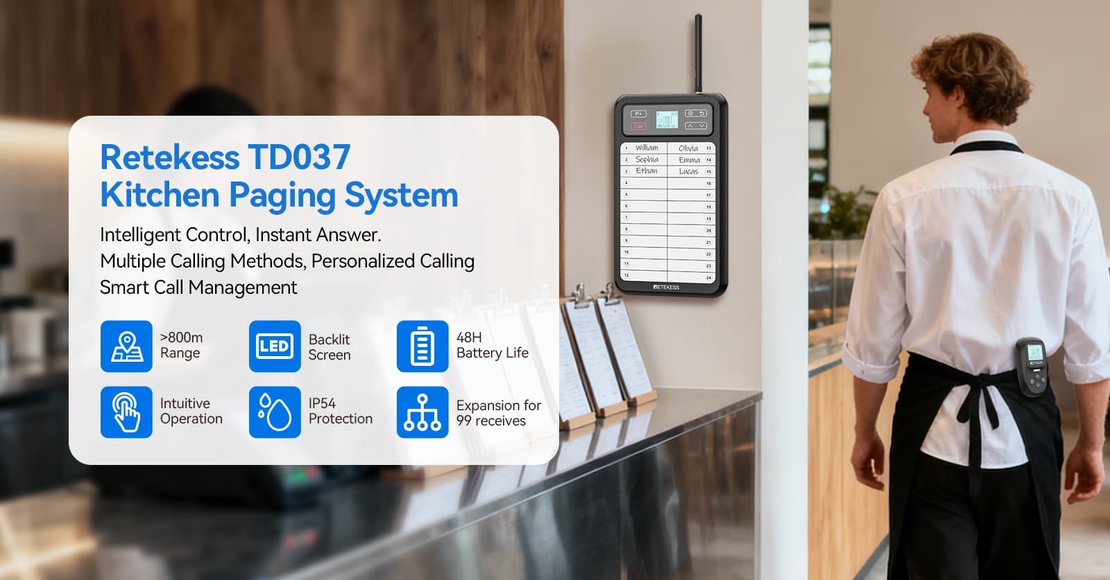 Retekess TD037 transmitter and TD114 restaurant paging system