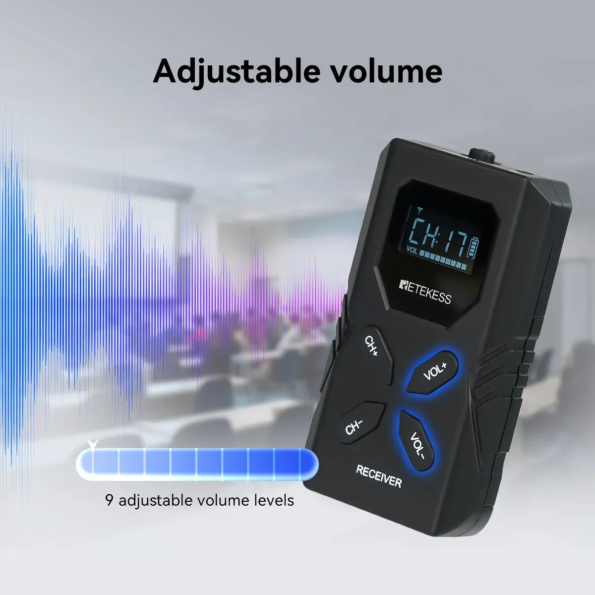 9 adjustable volume levels