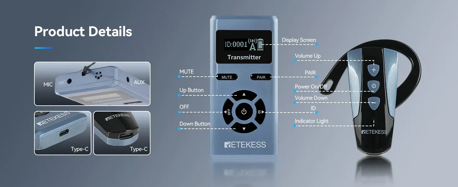 Retekess TT106S transmitter with built in microphone and AUX input