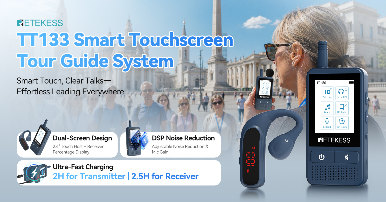 TT133 wireless tour guide system with touchscreen transmitter and ear-hook receivers