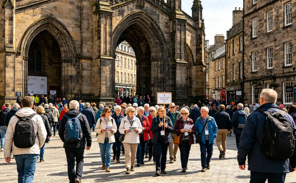 International arts festival crowd in Edinburgh taking part in a guided cultural tour outside a historic venue