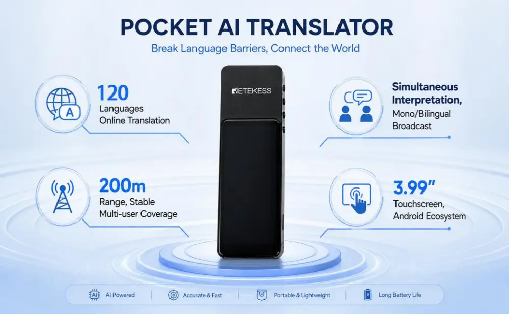 Pocket AI translator for multilingual guided tours with 120+ languages, simultaneous interpretation, and 200m stable range