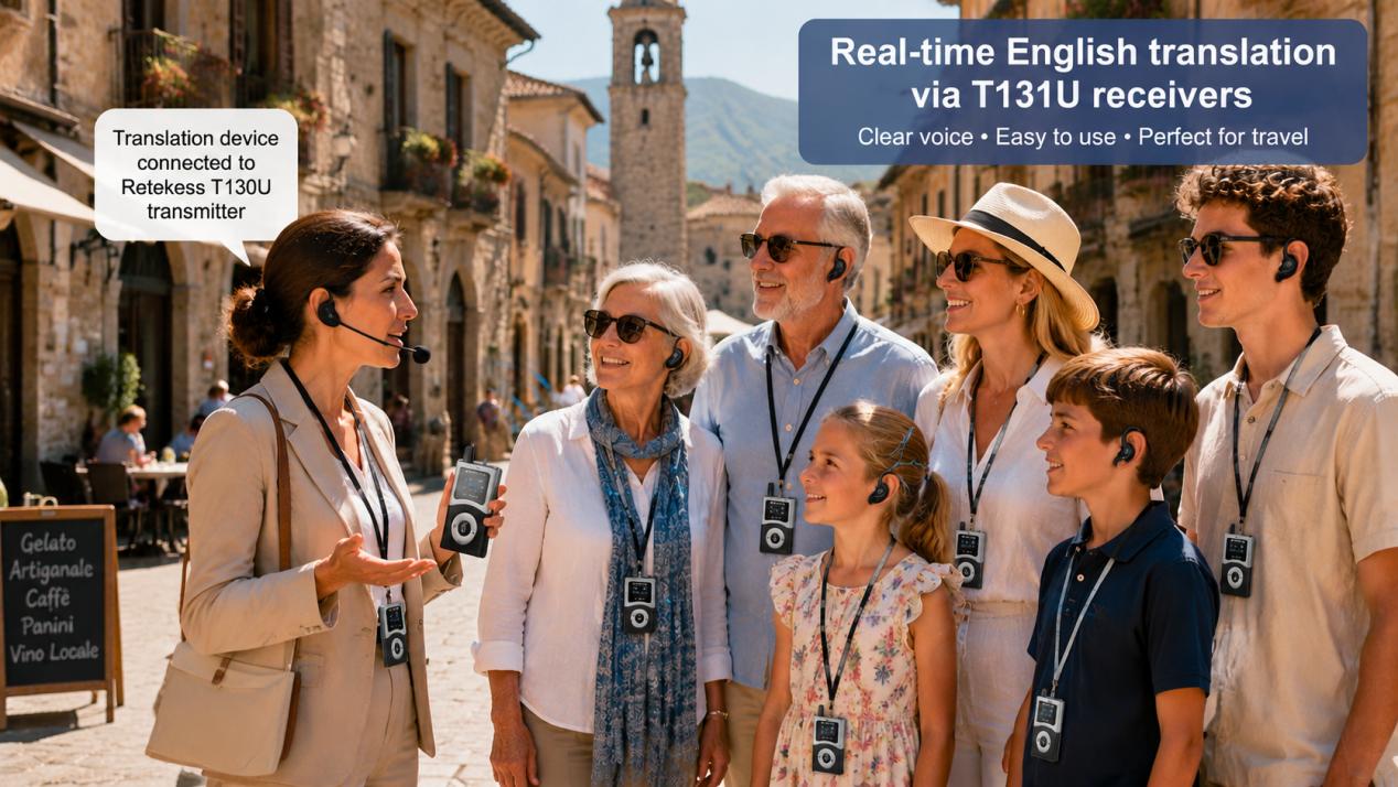 Family using Retekess T130U audio system with language translator during European shore excursion, solving language barrier on Mediterranean cruise trips