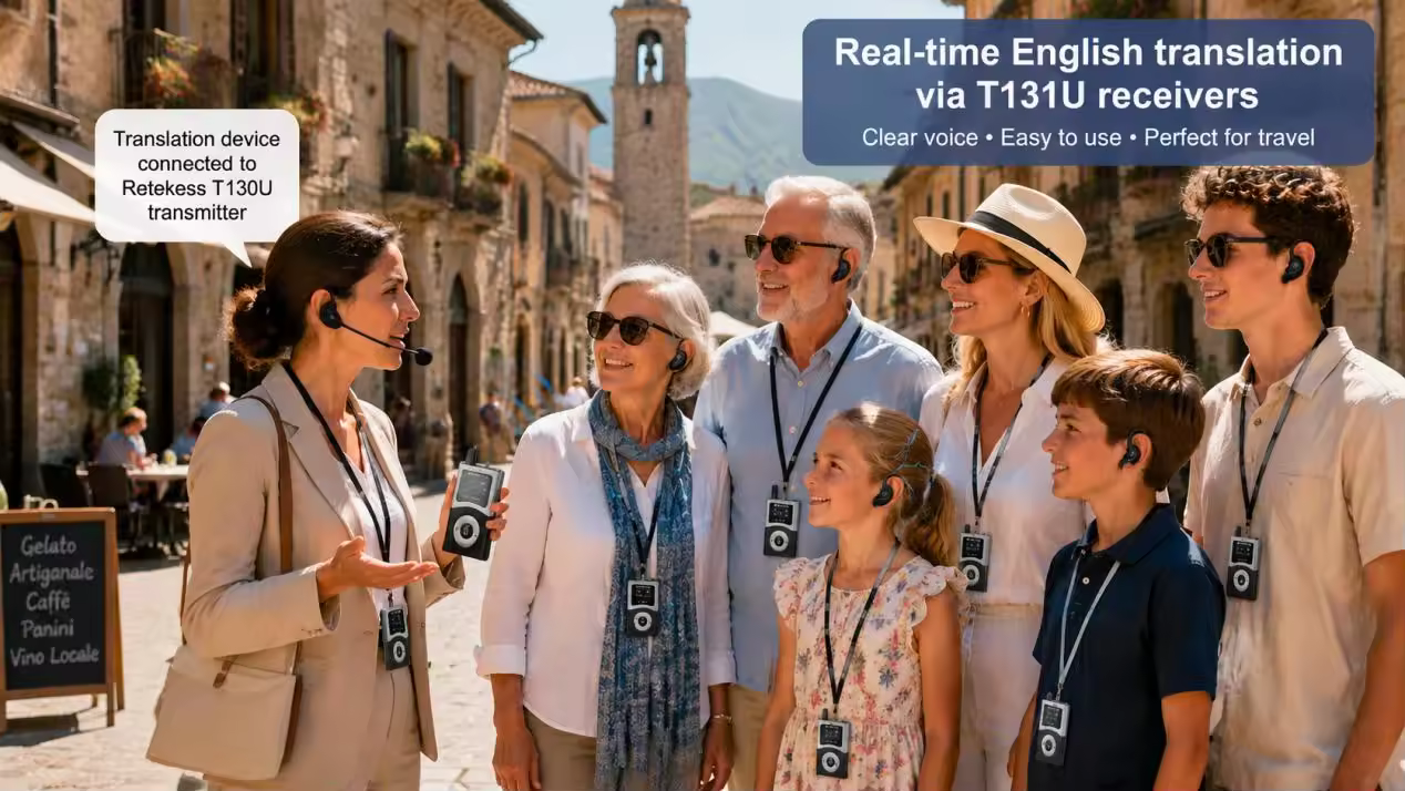 Family using Retekess T130U audio system with language translator during European shore excursion, solving language barrier on Mediterranean cruise trips