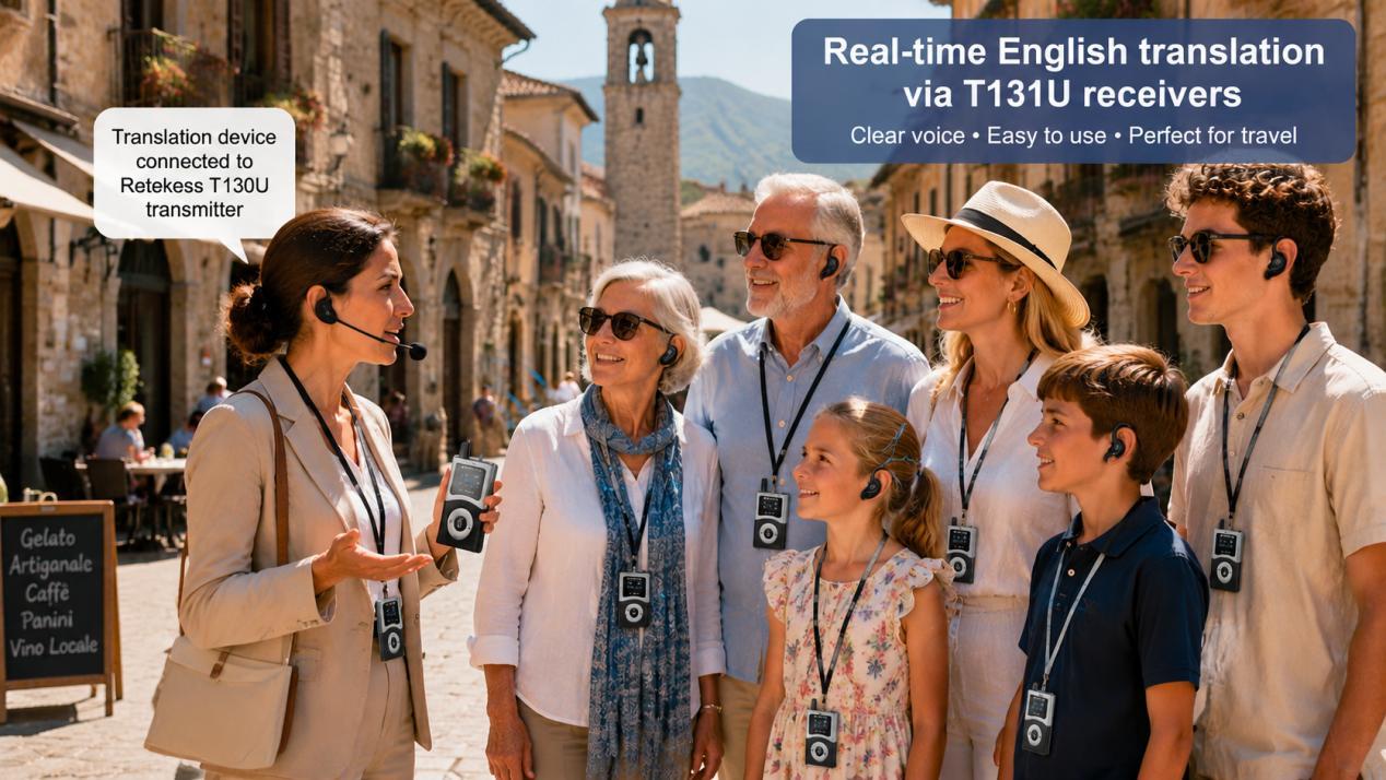Family using Retekess T130U audio system with language translator during European shore excursion, solving language barrier on Mediterranean cruise trips