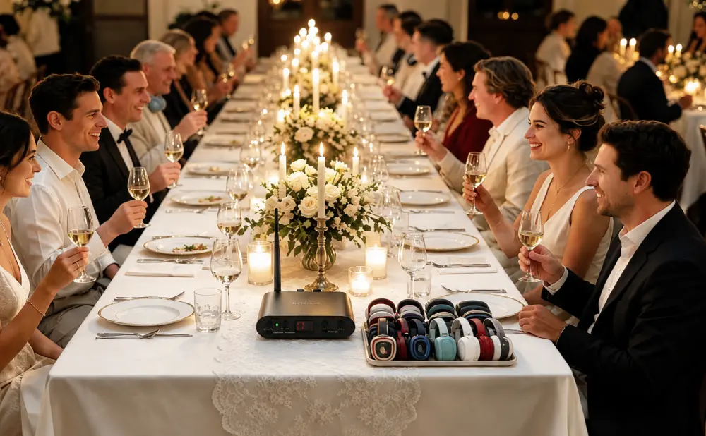 At the wedding banquet, guests clinked glasses and mingled; silent-disco headphones sat at the corner of the table.
