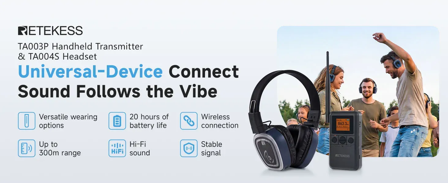 Retekess TA004S silent disco headphone system main KV, displaying core product selling points