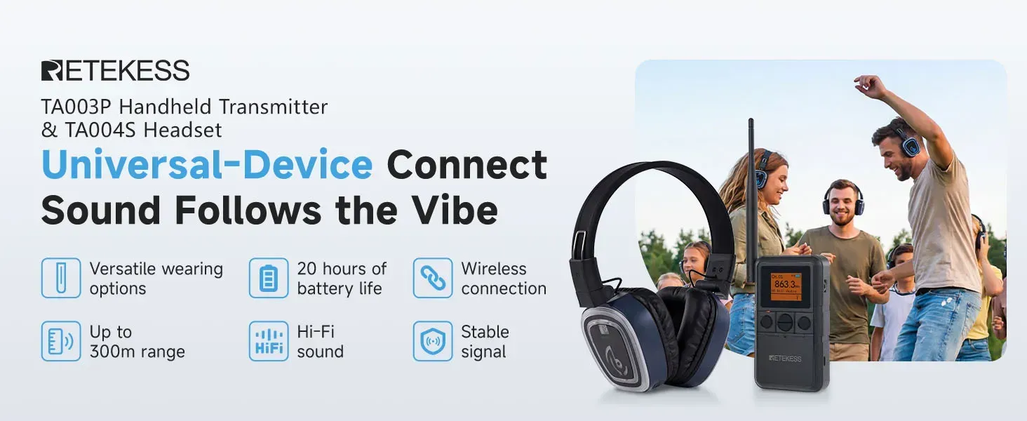 Retekess TA004S silent disco headphone system main KV, displaying core product selling points