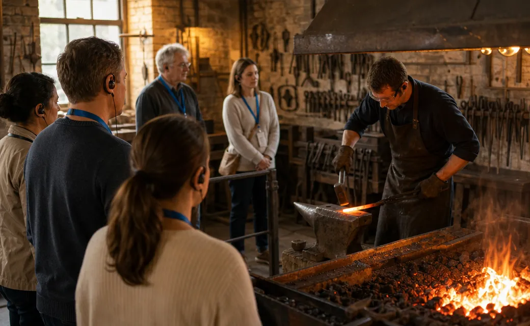 visitors-with-audio-receivers-watch-a-forging-demo-on-an-immersive-factory-tour