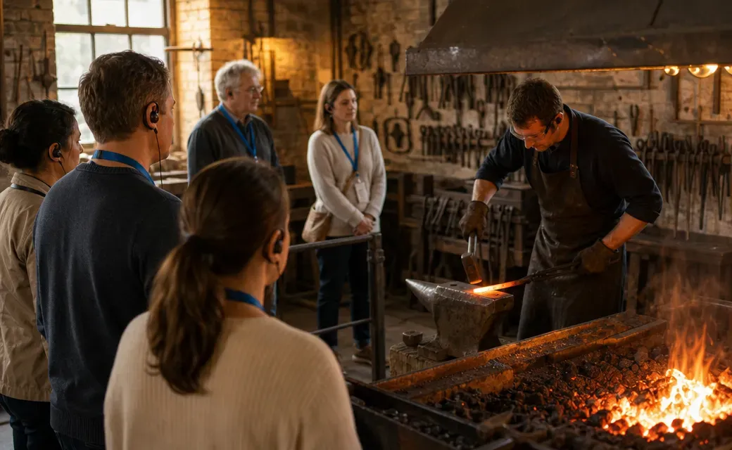 visitors-with-audio-receivers-watch-a-forging-demo-on-an-immersive-factory-tour