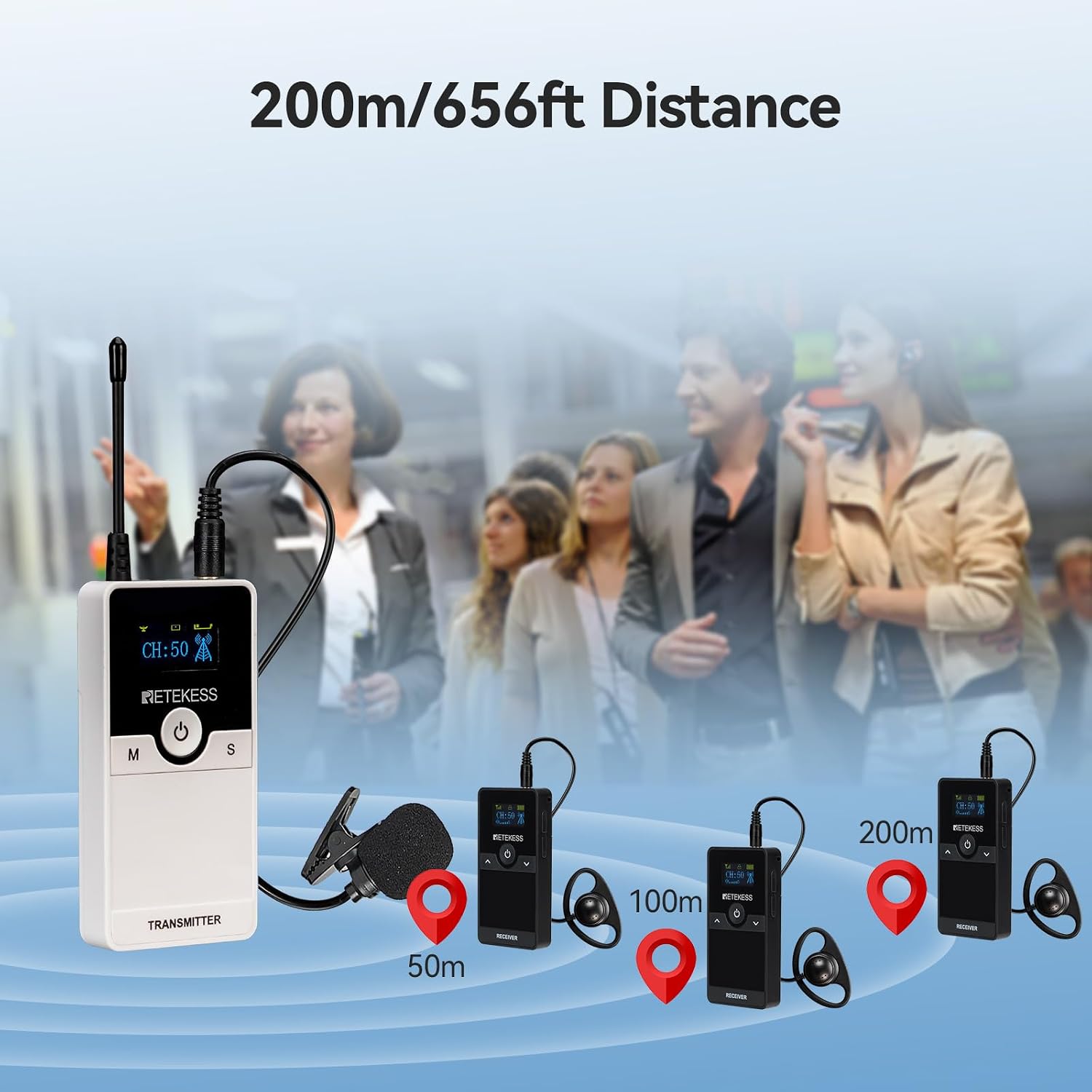 10–100 People TT116 UHF Interpretation System with 656ft Range and 50 Channels for Churches, Conferences, Tours, and Training