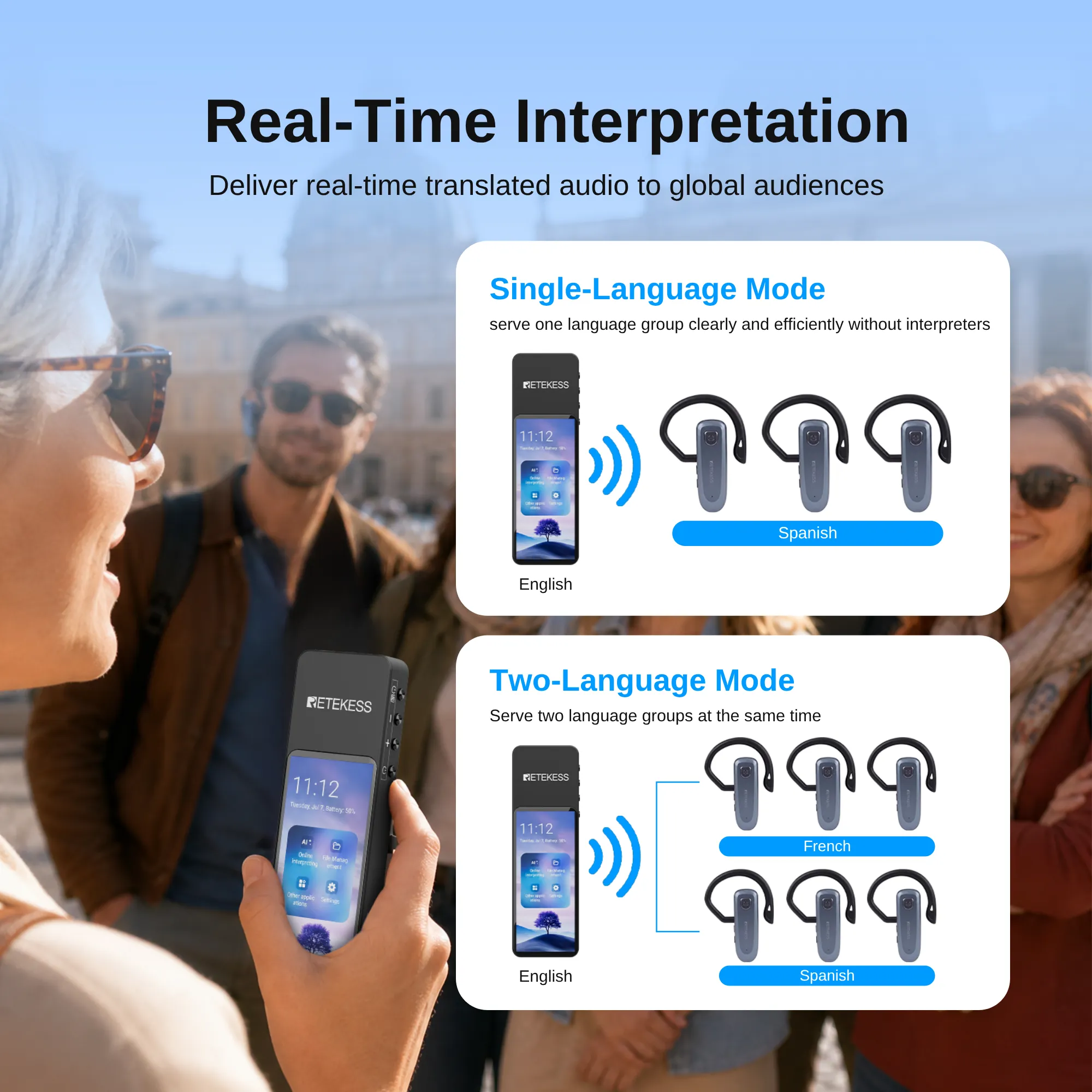 TT136 Auto Translation Device for Multilingual Groups, 120 Languages AI Real-Time Interpretation, Dual-Channel Broadcast,  Stable Signal for VIP Tour & Factory Guide