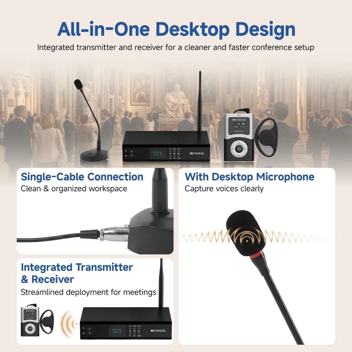 T130T T131T Desktop Simultaneous Interpretation System with UHF Wireless Audio, Bluetooth Connectivity, and 820 ft Range for Conferences, Worship, Education, and Corporate Communication
