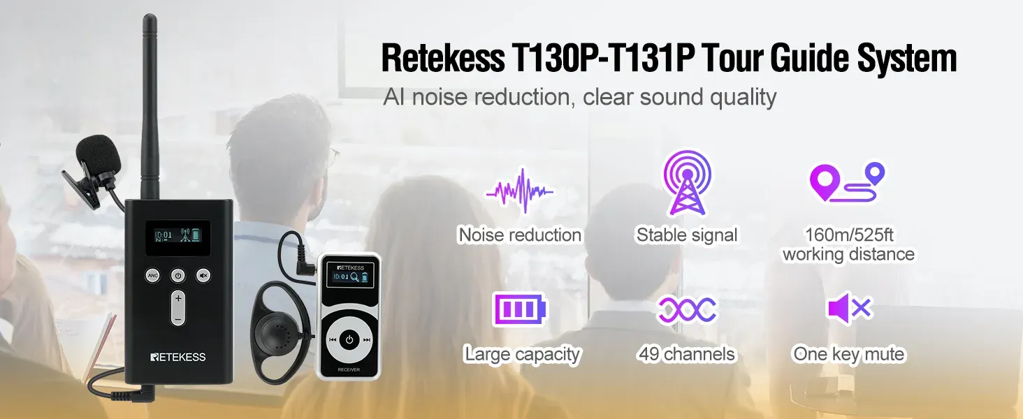 Retekess T130P tour guide system with DSP noise cancellation - for museum and indoor heritage sites