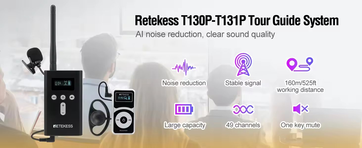 Retekess T130P tour guide system with DSP noise cancellation - for museum and indoor heritage sites